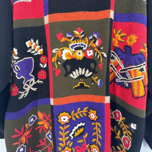 Vintage Chaus Woman Black Multi Floral Graphic Oversized Knit Grandma Sweater - Picture 6 of 11